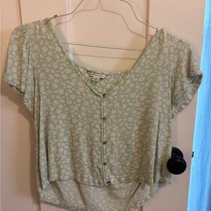 American Eagle Outfitters Mint Green Floral Button-Front Crop Top